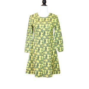 Vintage Minet Midi Dress 1960 Mod Style Long Sleeve Small Yellow Black Bees D167